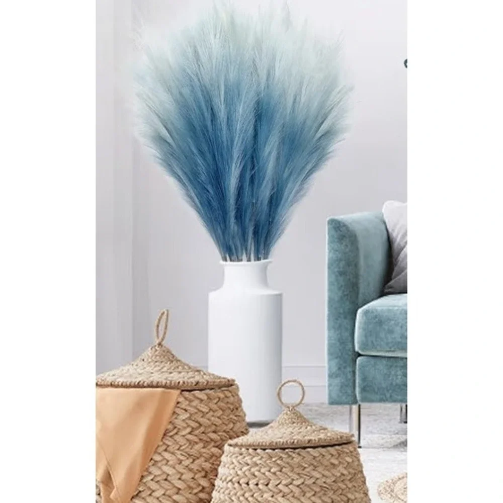 KALYLOC 8Pcs 35.4窶・Blue Colorful Faux Pampas Grass, Fluffy Artificial Bulrush...
